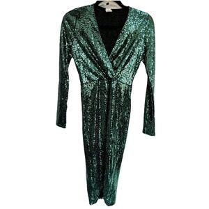 Vtg Green Sequin Ruched Wrap Dress Midi Plunging V Neck S Bodycon Party USA